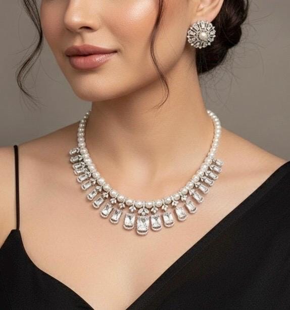 CALISTA white pearl necklace in clear stones, American Diamond High Quality Choker set wedding jewelry,colourless stones necklace with studs