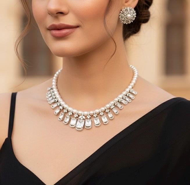 CALISTA white pearl necklace in clear stones, American Diamond High Quality Choker set wedding jewelry,colourless stones necklace with studs