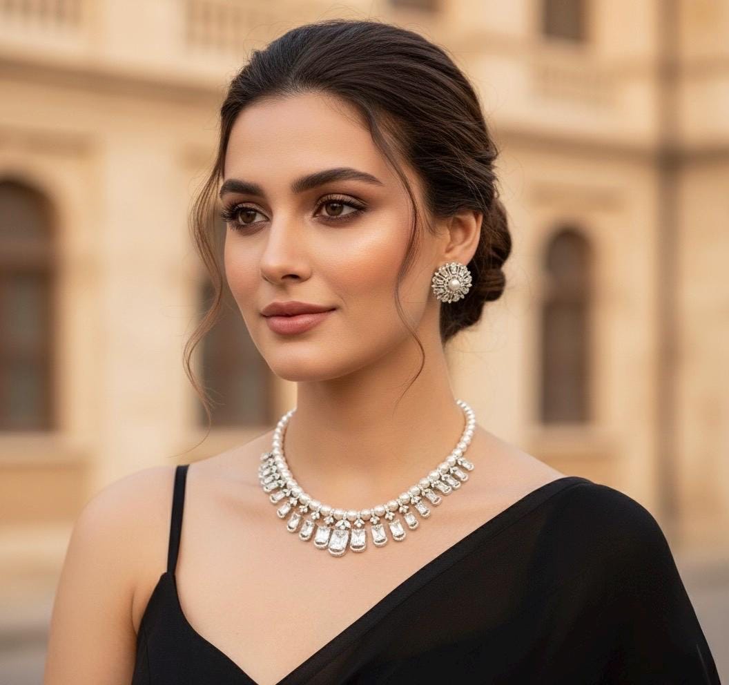 CALISTA white pearl necklace in clear stones, American Diamond High Quality Choker set wedding jewelry,colourless stones necklace with studs