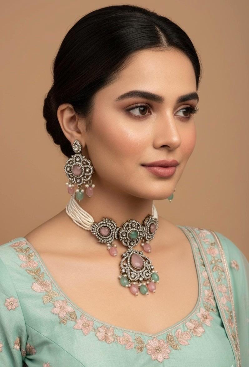 SUMAIRA mint pink kundan cz choker necklace earrings,indian wedding jewelry pakistani nikaah jewelry,mint pink colour bridal jewelry