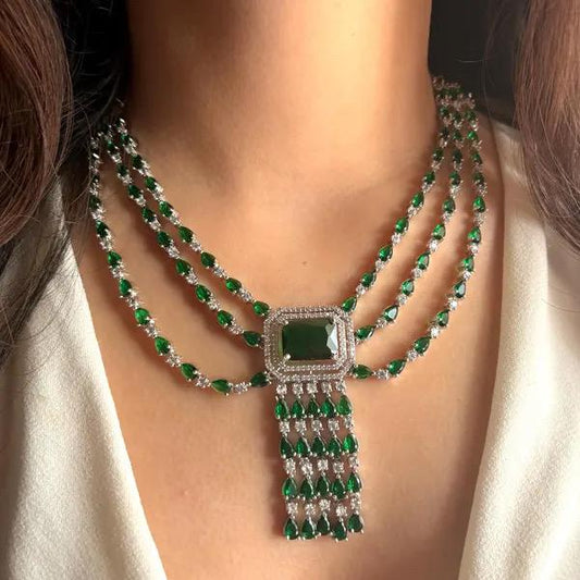 REHA 4 piece green necklace earrings ring maangtika  in American Diamond  cz zircon jewelry,prom,gala dinner green colour jewellery set