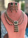 REHA 4 piece green necklace earrings ring maangtika  in American Diamond  cz zircon jewelry,prom,gala dinner green colour jewellery set