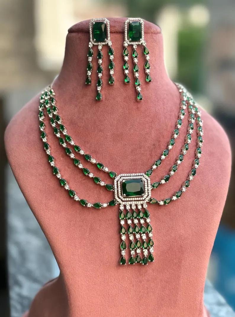 REHA 4 piece green necklace earrings ring maangtika  in American Diamond  cz zircon jewelry,prom,gala dinner green colour jewellery set
