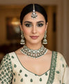 MISHAAL Green cz kundan and zircon necklace set lined with pearls in muted golden polish, Indian bridal victorian style white pearl jewelry