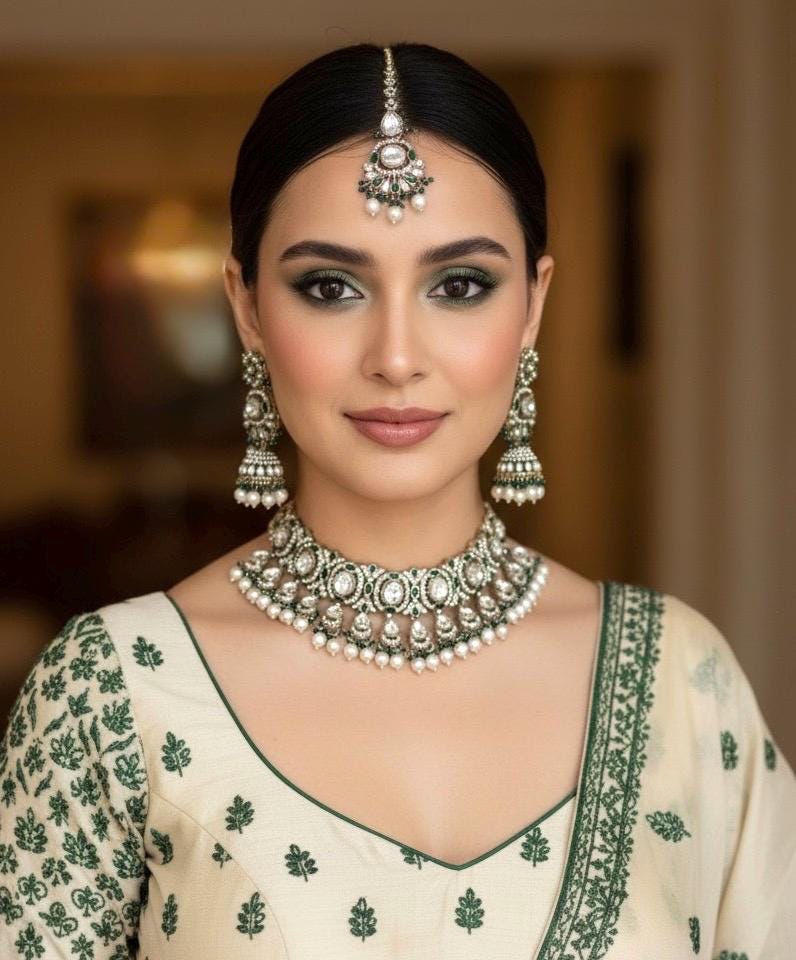MISHAAL Green cz kundan and zircon necklace set lined with pearls in muted golden polish, Indian bridal victorian style white pearl jewelry