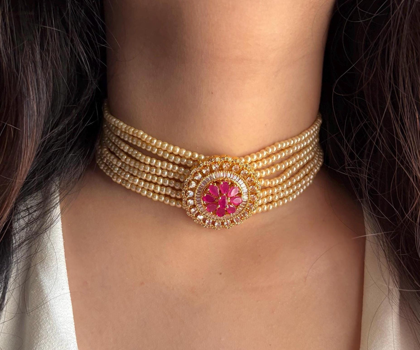 ADYA Ruby colour Kundan choker with studs earrings , indian wedding jewellery, punjabi pakistani jewelry, pearl choker set