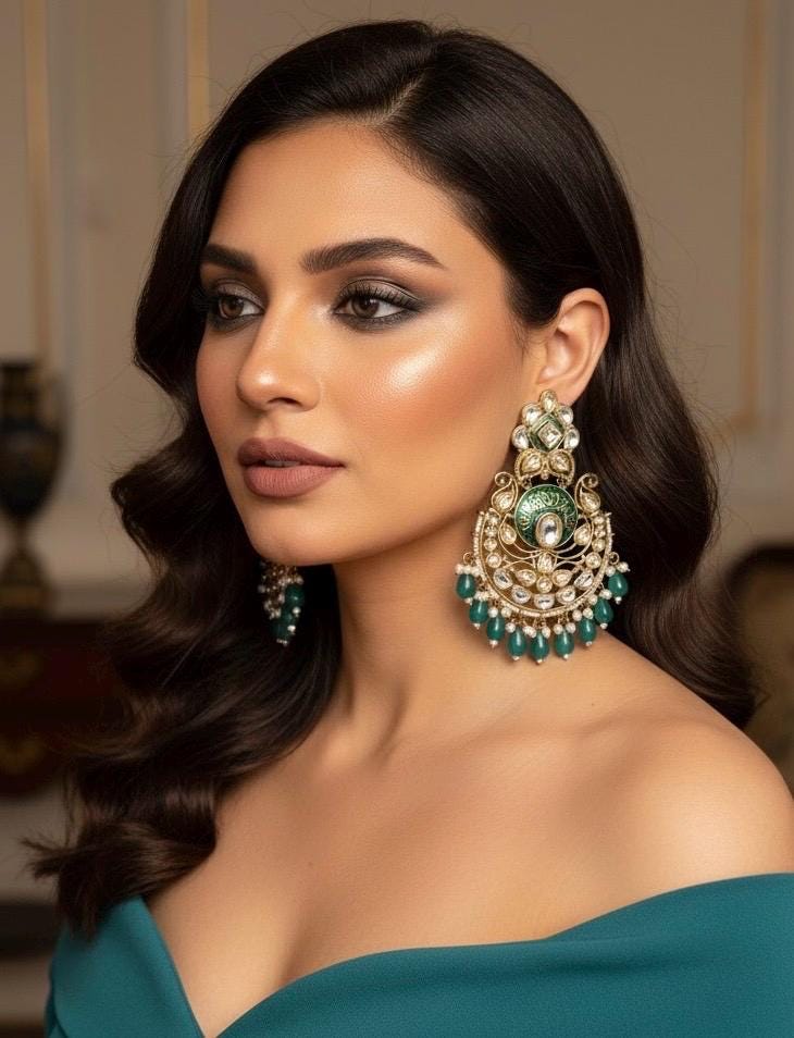 ASHA Teal Gold Tone Royal Kundan Chandbali / Indian Earrings, Wedding Jewelry Pakistani event accessory golden bollywood chandbalis