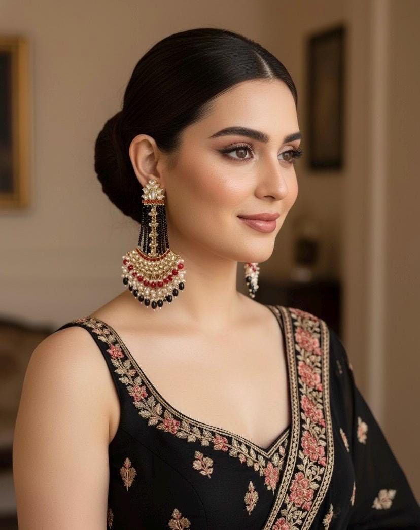 ZUNEIRA Black Red Gold Tone Royal Kundan Chandbali/ Indian dangler Earrings,Pakistani Wedding Jewelry/ bollywood kundan danglers