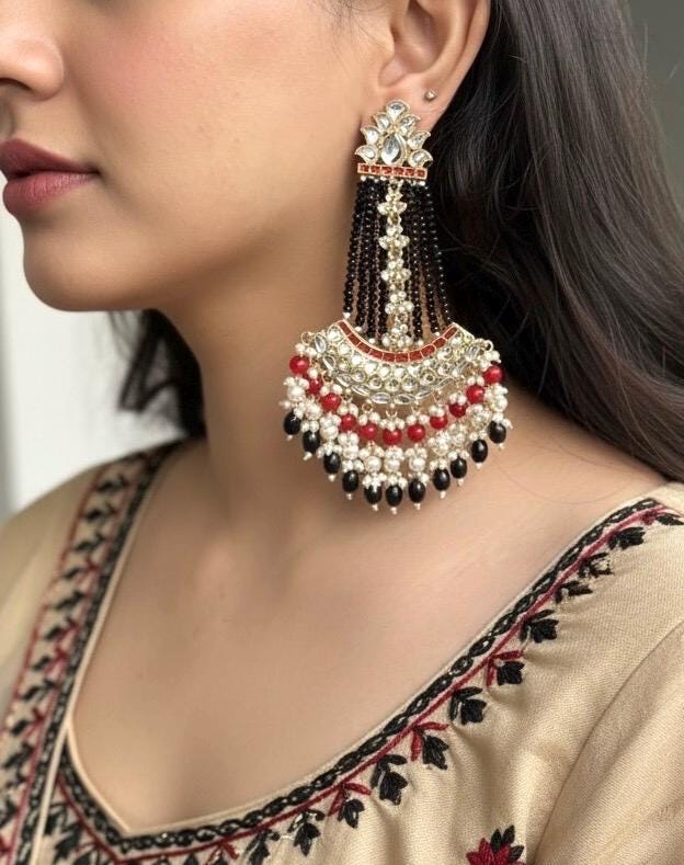 ZUNEIRA Black Red Gold Tone Royal Kundan Chandbali/ Indian dangler Earrings,Pakistani Wedding Jewelry/ bollywood kundan danglers