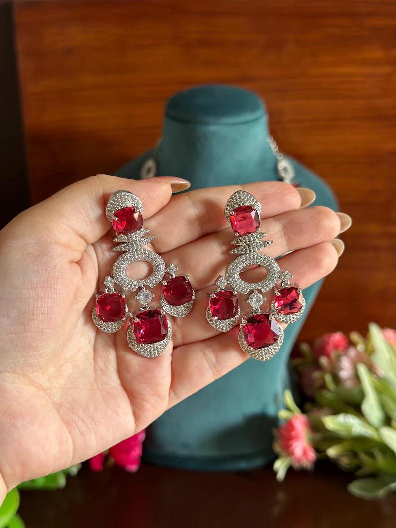 REET Red cz necklace and earrings, Statement American Diamond jewelry, Indian Jewelry Pakistani Wedding jewellery silver Zircon