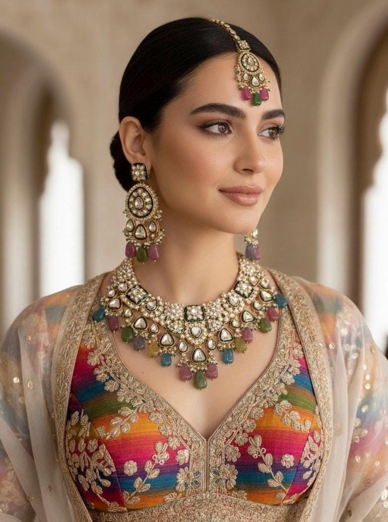 ZAINAA Premium quality Navratan Moissanite and kundan Necklace set , multicoloured navratna jewelry, Indian Pakistani wedding bridal jewelry