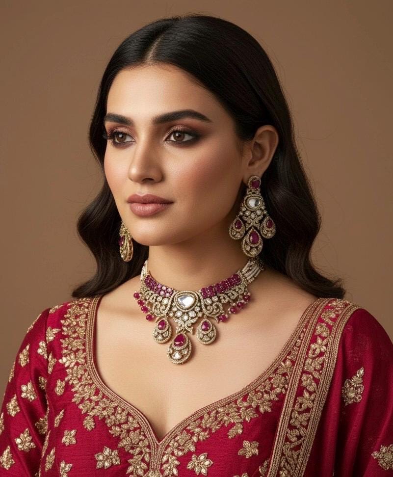 SITARA Ruby colour Premium quality Moissanite and kundan Necklace set, Indian Pakistani wedding bridal jewelry, uncut polki festive jewelry