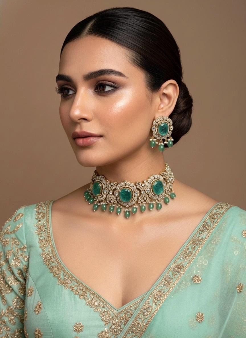 MAISHA mint green kundan cz choker necklace set in doublet stone,  Indian  pakistani bridal jewelry, moissanite jewelry in mint green colour