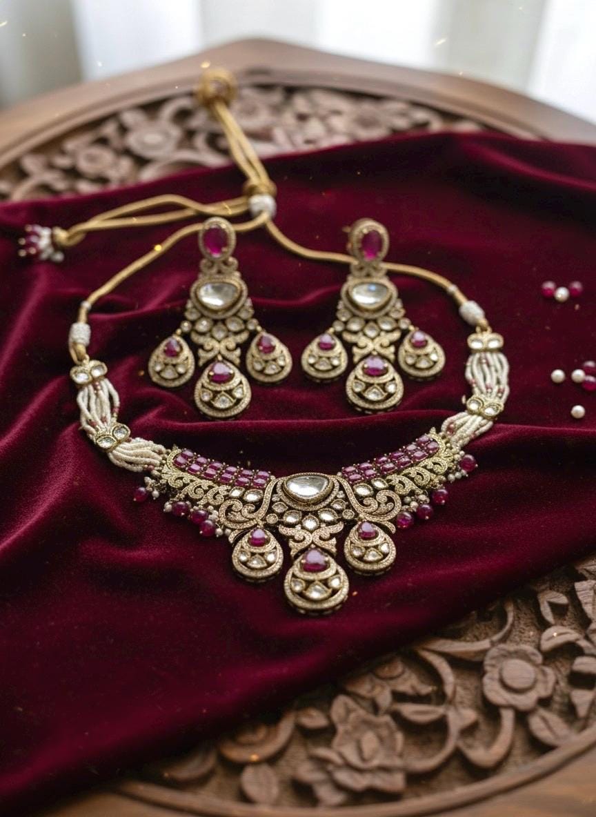 SITARA Ruby colour Premium quality Moissanite and kundan Necklace set, Indian Pakistani wedding bridal jewelry, uncut polki festive jewelry