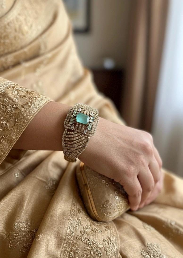 RANIA mint green bracelet in antique golden polish,cz zircon openable adjustable bracelet,American diamond mint green bangle bracelet