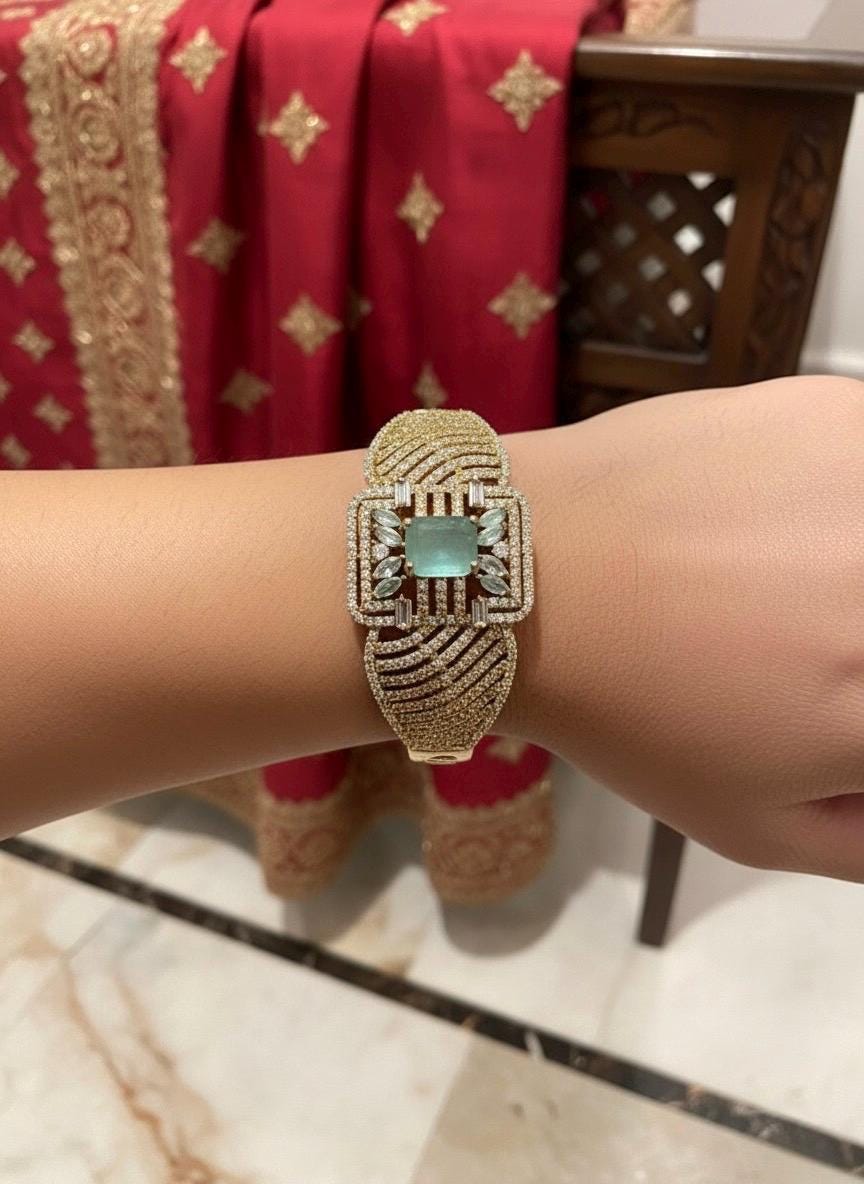 RANIA mint green bracelet in antique golden polish,cz zircon openable adjustable bracelet,American diamond mint green bangle bracelet