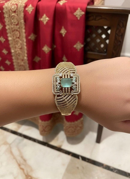 RANIA mint green bracelet in antique golden polish,cz zircon openable adjustable bracelet,American diamond mint green bangle bracelet