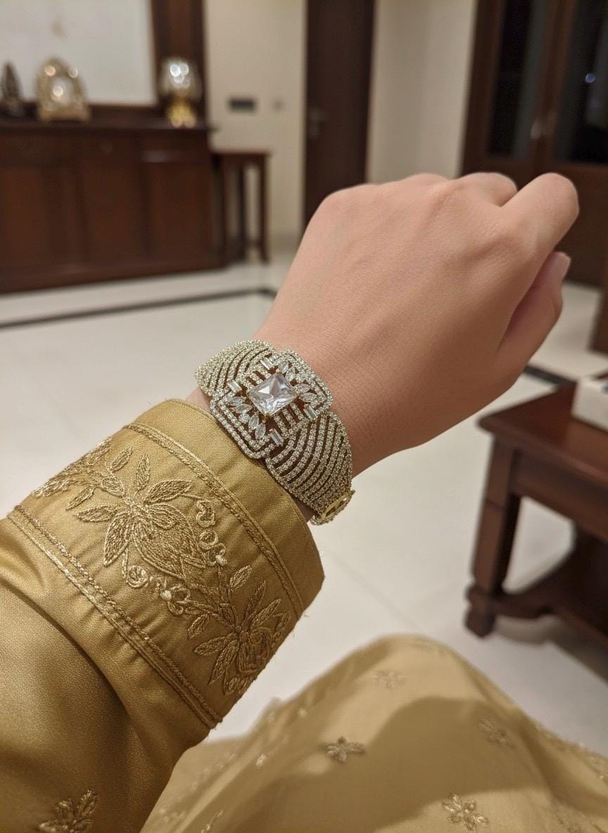RANIA Clear stones bracelet in antique golden polish,cz zircon openable adjustable bracelet,American diamond colourless bangle bracelet