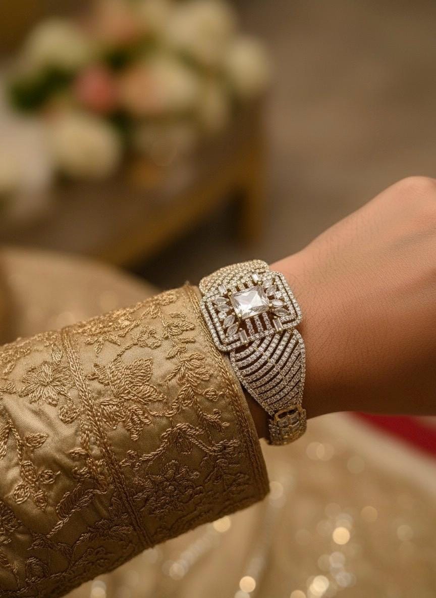 RANIA Clear stones bracelet in antique golden polish,cz zircon openable adjustable bracelet,American diamond colourless bangle bracelet
