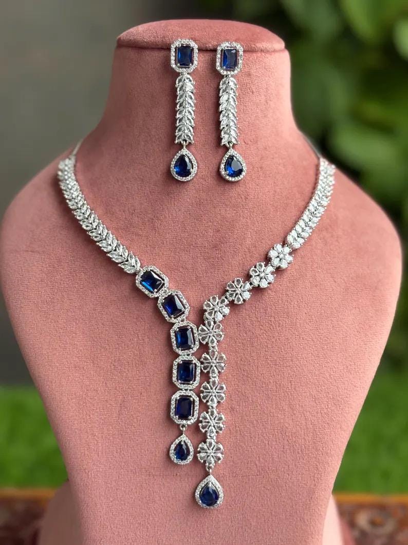 EVA Sapphire blue necklace earrings in American Diamond Classy  cz zircon jewelry,prom,gala dinner blue colour jewellery set