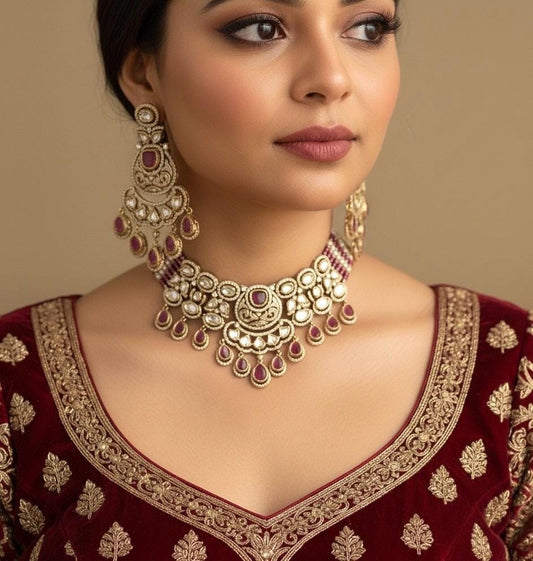 KASHMIRA Ruby colour Premium quality Moissanite and kundan Necklace set, Indian Pakistani wedding bridal jewelry,uncut polki festive jewelry
