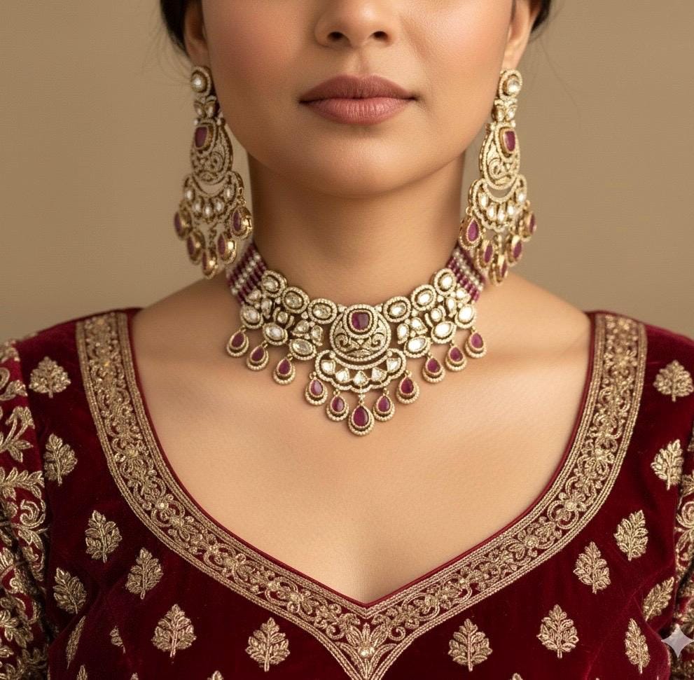 KASHMIRA Ruby colour Premium quality Moissanite and kundan Necklace set, Indian Pakistani wedding bridal jewelry,uncut polki festive jewelry