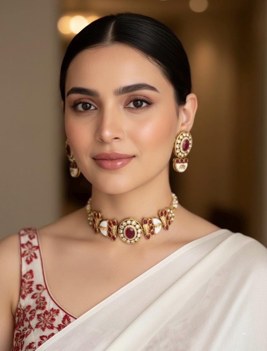 NIYA Sabyasachi inspired red kundan choker with Earrings, Indian Pakistani traditional wedding jewelry, red colour necklace set