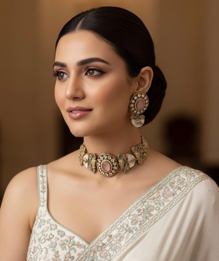 NIYA Sabyasachi inspired pink mint kundan choker with Earrings, Indian Pakistani traditional wedding jewelry, pink mint colour necklace set