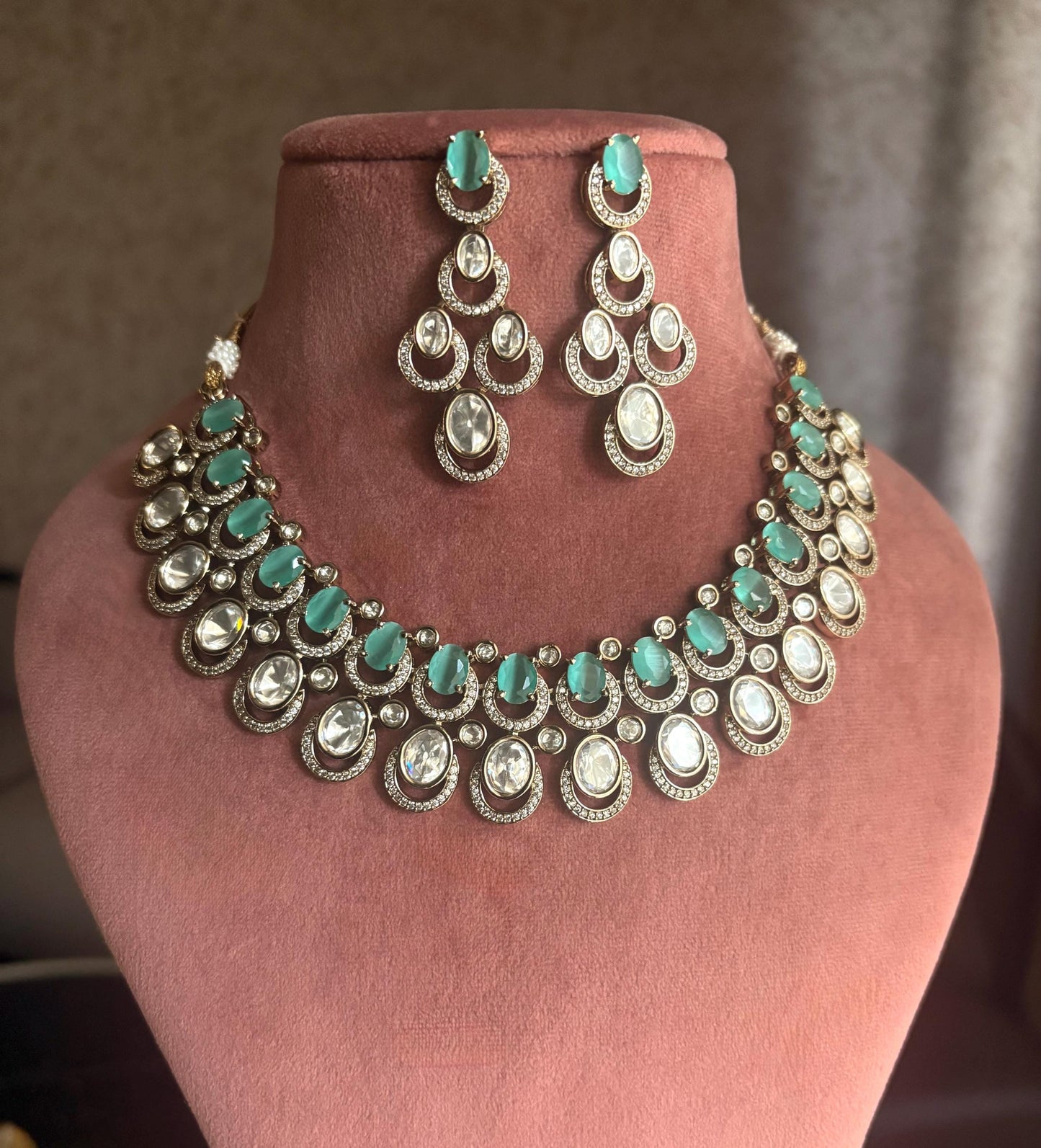 MUGDHA Mint colour Premium quality Moissanite and kundan Necklace set ,indian Pakistani wedding jewelry, Victorian style mint green jewelry