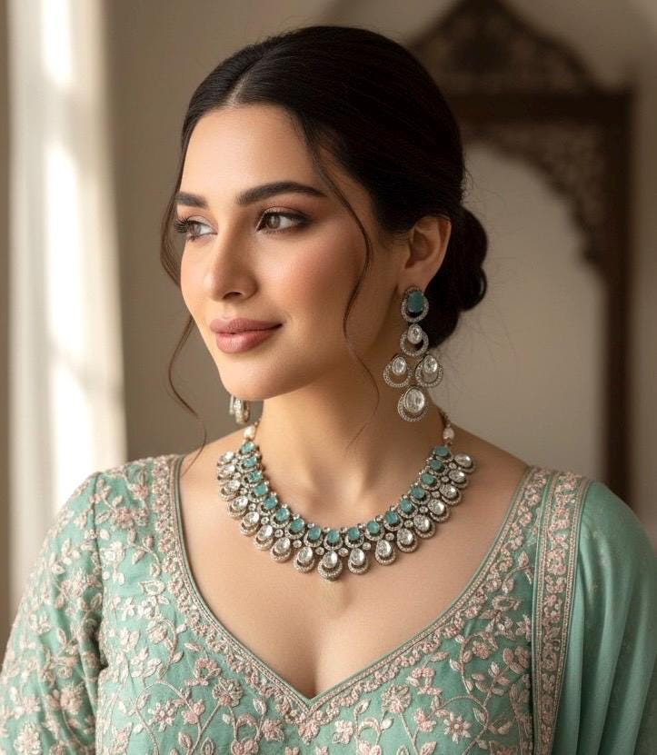 MUGDHA Mint colour Premium quality Moissanite and kundan Necklace set ,indian Pakistani wedding jewelry, Victorian style mint green jewelry