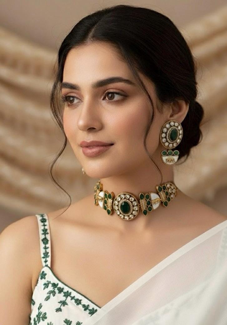 NIYA Sabyasachi inspired green kundan choker with Earrings, Indian Pakistani traditional wedding jewelry, green colour necklace set