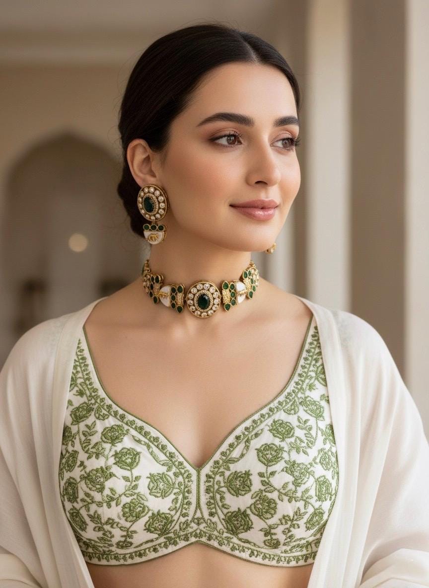 NIYA Sabyasachi inspired green kundan choker with Earrings, Indian Pakistani traditional wedding jewelry, green colour necklace set