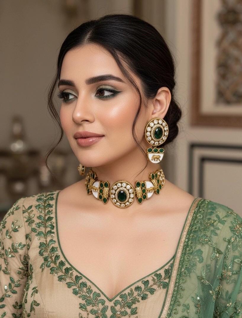 NIYA Sabyasachi inspired green kundan choker with Earrings, Indian Pakistani traditional wedding jewelry, green colour necklace set