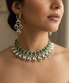 MUGDHA Emerald green Premium quality Moissanite and kundan Necklace set ,indian Pakistani wedding jewelry, Victorian style  green jewelry