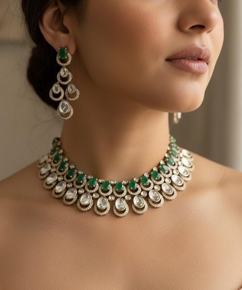 MUGDHA Emerald green Premium quality Moissanite and kundan Necklace set ,indian Pakistani wedding jewelry, Victorian style  green jewelry