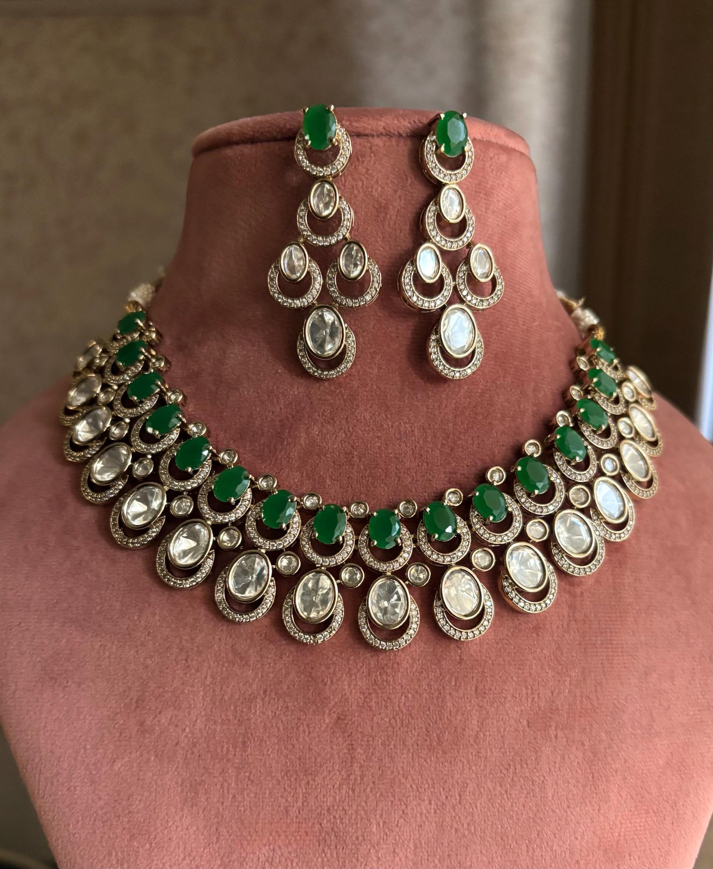 MUGDHA Emerald green Premium quality Moissanite and kundan Necklace set ,indian Pakistani wedding jewelry, Victorian style  green jewelry