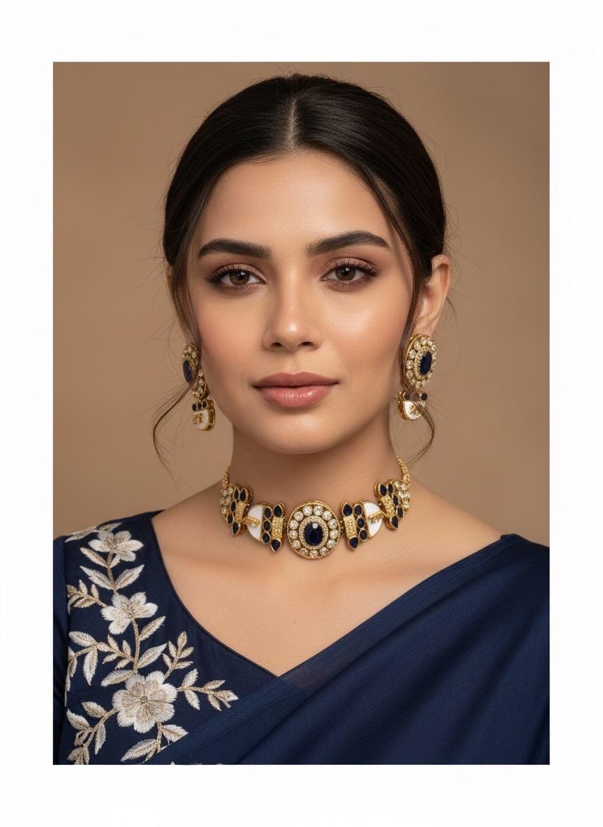NIYA Sabyasachi inspired navy blue kundan choker with Earrings, Indian Pakistani traditional wedding jewelry, royal blue colour necklace set