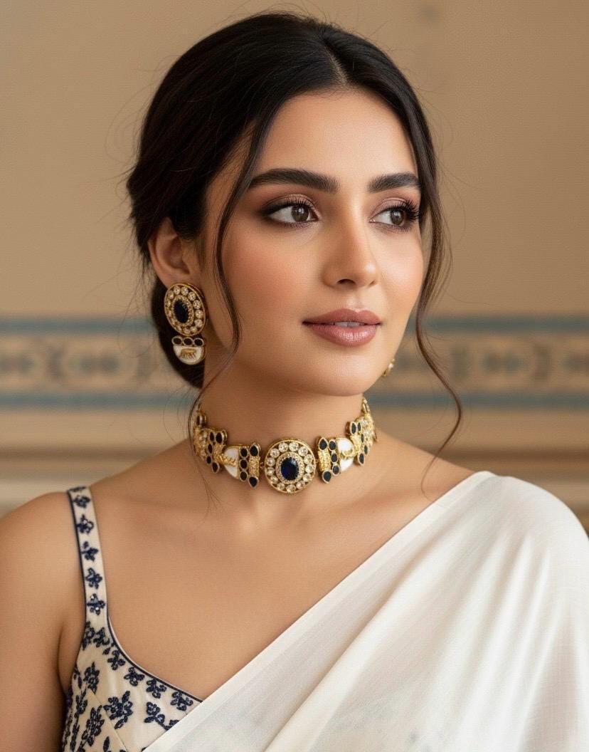 NIYA Sabyasachi inspired navy blue kundan choker with Earrings, Indian Pakistani traditional wedding jewelry, royal blue colour necklace set