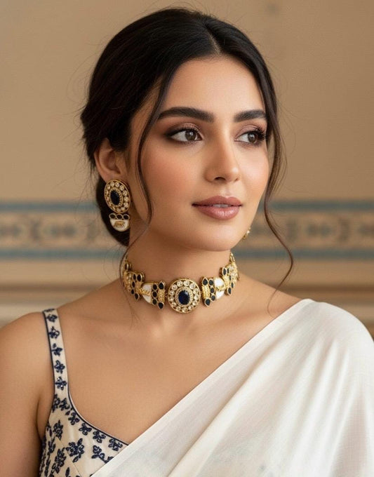 NIYA Sabyasachi inspired navy blue kundan choker with Earrings, Indian Pakistani traditional wedding jewelry, royal blue colour necklace set