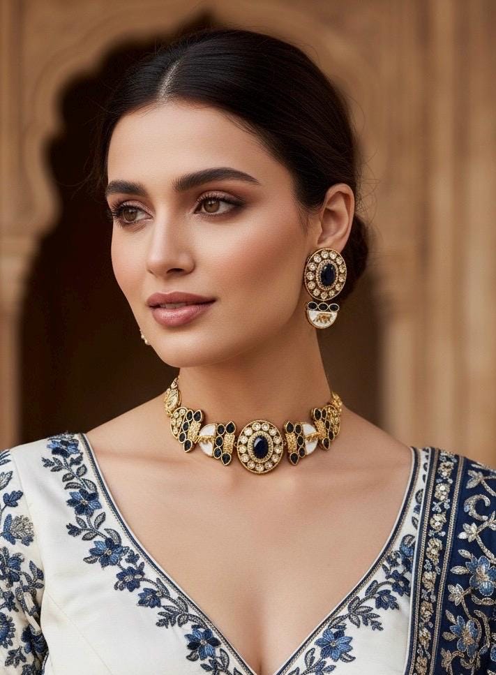 NIYA Sabyasachi inspired navy blue kundan choker with Earrings, Indian Pakistani traditional wedding jewelry, royal blue colour necklace set