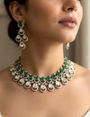 MUGDHA Emerald green Premium quality Moissanite and kundan Necklace set ,indian Pakistani wedding jewelry, Victorian style  green jewelry