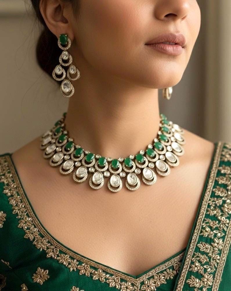 MUGDHA Emerald green Premium quality Moissanite and kundan Necklace set ,indian Pakistani wedding jewelry, Victorian style  green jewelry