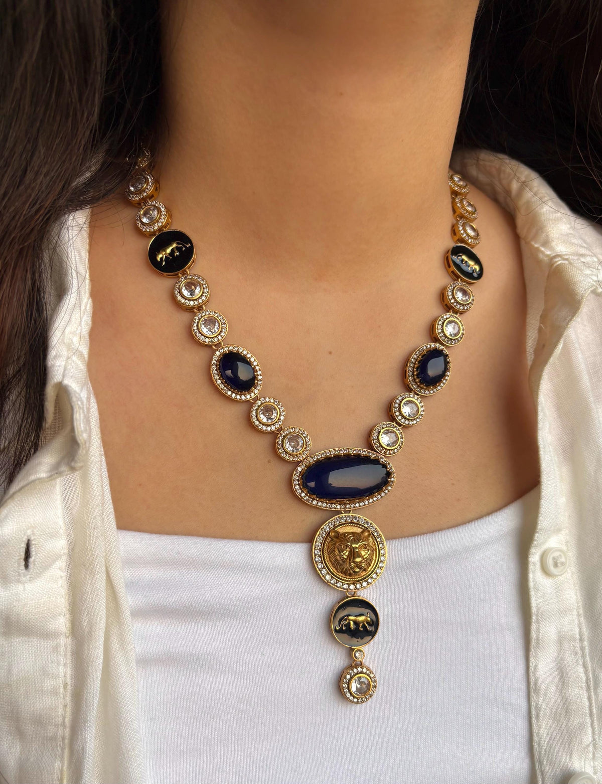 URVI Sabyasachi inspired Dark blue Victorian style kundan necklace set,Indian Bridal jewelry, cz kundan Victorian golden polish