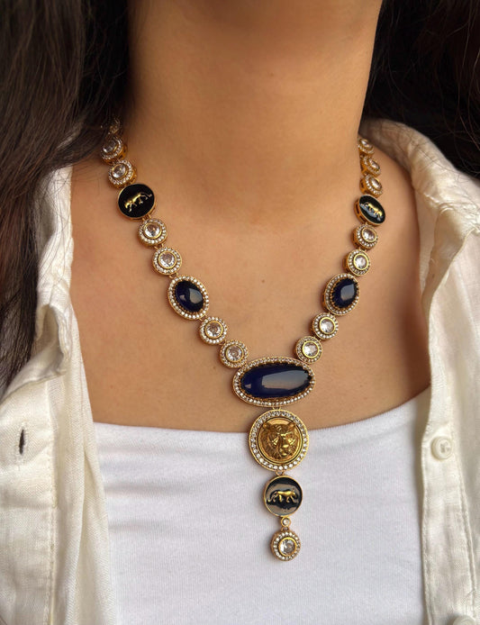 URVI Sabyasachi inspired Dark blue Victorian style kundan necklace set,Indian Bridal jewelry, cz kundan Victorian golden polish