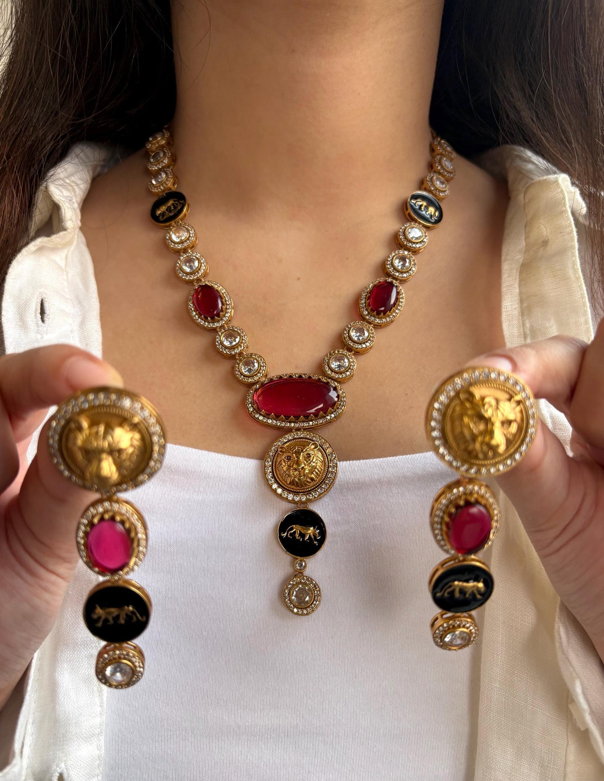 URVI Sabyasachi inspired Red Victorian style kundan necklace set,Indian Bridal jewelry, cz kundan Victorian golden polish