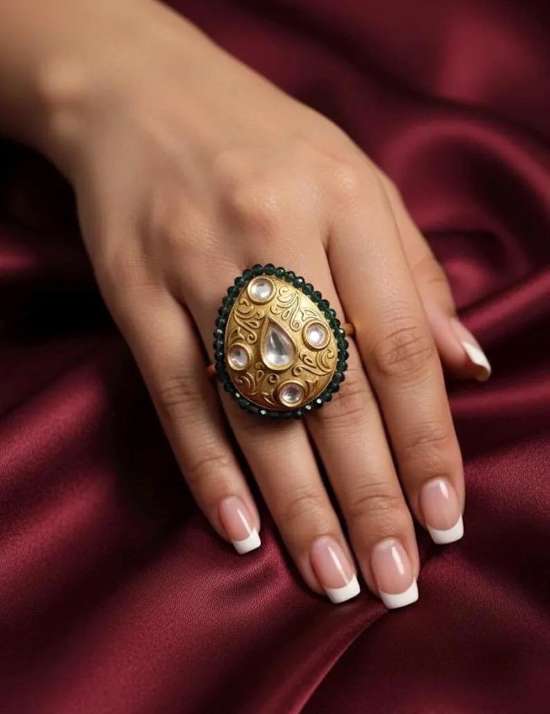 SAIMA green adjustable kundan ring , Indian ethnic high quality ring, Indian Pakistani bridal jewelry