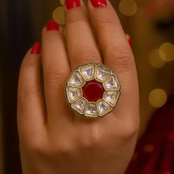 ALYA Ruby red adjustable kundan ring , Indian ethnic high quality ring, Indian Pakistani bridal jewelry