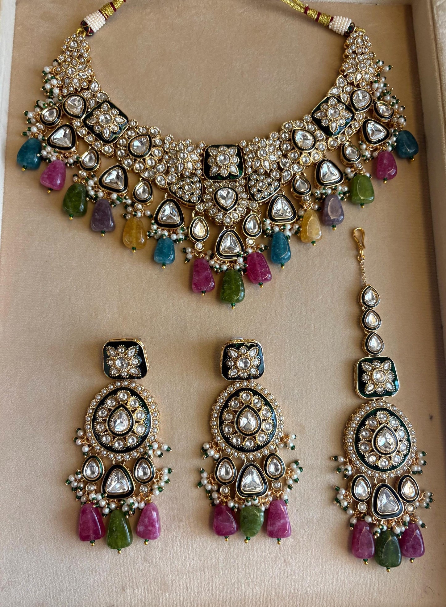 ZAINAA Premium quality Navratan Moissanite and kundan Necklace set , multicoloured navratna jewelry, Indian Pakistani wedding bridal jewelry
