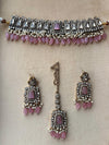 MASHA Pink kundan choker necklace earrings and maangtika,indian wedding jewelry pakistani nikaah jewelry, light pink colour bridal jewelry
