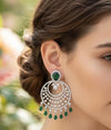 NURA high quality Emerald green american diamond earrings Indian Wedding jewellery, bridal,bollywood jewelry, prom night, green cz chandbali